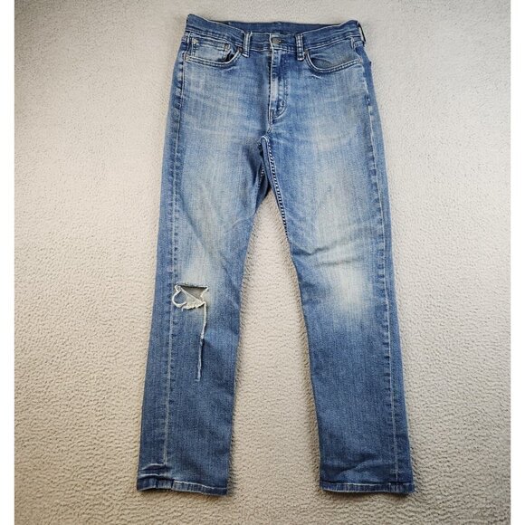 Levis 514 Jeans Mens 33x32 Blue Straight Slim Classic Cotton Blend Ripped Knee - Picture 2 of 12